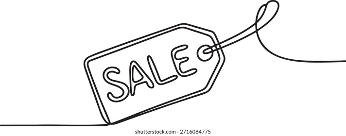 Single continuous line art of discount label. Hand drawn doodle sketch of promotional sign. Modern minimalist concept for retail promotions, shopping deals, seasonal discounts, and special offers. Outline for banner background.