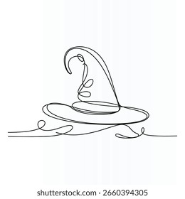 A single continuous line art drawing of a witch's hat with a flowing ribbon.