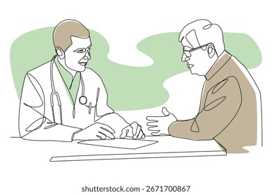 Ilustraciones de dibujo de arte de línea continua única de médico que consulta con el paciente en la oficina. Trazo editable. Vector.