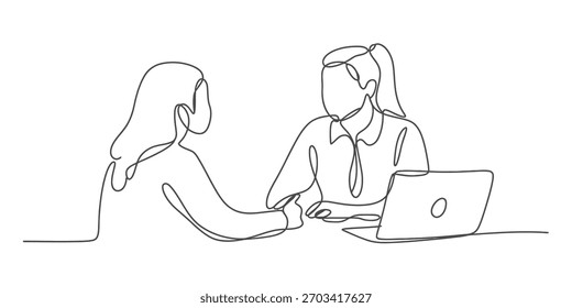 Single continuous line art drawing of two women engaged in a meeting or interview with a laptop, symbolizing collaboration and discussion.