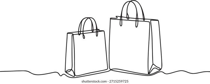 Dibujo de arte de línea continua única de dos bolsas de compras sobre fondo transparente. Concepto para el negocio de compra minorista y el consumismo. Ilustración de contorno minimalista de bolsas de papel para el Uso comercial. Un dibujo de línea de diseño de embalaje para anuncios y promociones de ventas.
