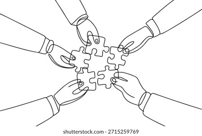 Single continuous line art drawing of five hands connecting puzzle pieces on transparent background. Concept for teamwork collaboration problem solving and unity. Minimalist outline illustration of people working together for business success. One line drawing of partnership solution strategy.