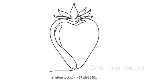 Dibujo de una sola línea continua de una fresa roja madura con hojas verdes. Diseño minimalista moderno que representa alimentos saludables, productos orgánicos e ingredientes naturales. Perfecto para proyectos relacionados con la salud, la nutrición o la alimentación. Ilustración vectorial