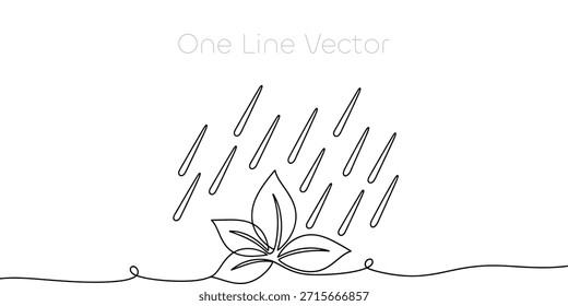Dibujo de arte de línea continua de gotas de lluvia que caen sobre un grupo de hojas verdes frescas. Simbolizando la naturaleza, el crecimiento, la hidratación y el cuidado del medio ambiente. Diseño minimalista simple. Ilustración vectorial