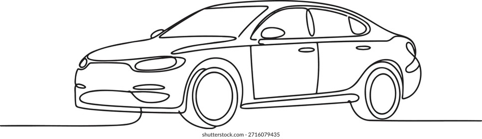 Single continuous line art drawing of luxury sedan automobile. Minimalist simple design style vector illustration. Automotive industry transport concept artwork. Outline silhouette sketch of vehicle side view. Continuous linear graphic element for auto advertising poster.