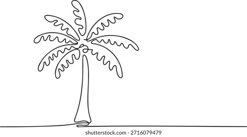 Desenho de arte de linha contínua única de palmeira simples para o projeto de fundo de verão. Esboço minimalista de planta tropical representando férias exóticas e relaxamento. Ilustração minimalista moderna de árvore perfeita para banner ou elemento gráfico web. Belo desenho de contorno do símbolo do paraíso tropical em fundo xadrez isolado.