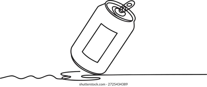Desenho de arte de linha contínua única de bebida pode deitar-se ao lado com líquido derramado esboço de recipiente de alumínio para cerveja de refrigerante ou bebida energética design gráfico minimalista simples para embalagem ou refresco conceito de ilustração de bebida de verão.