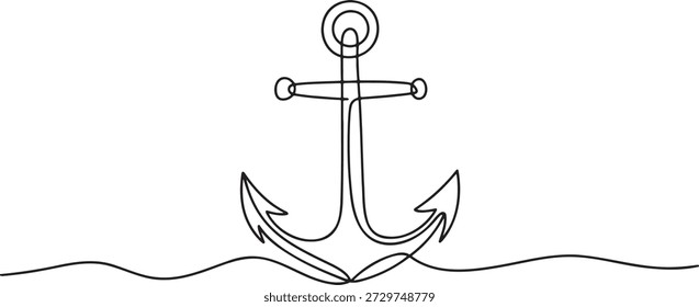 Desenho de arte de linha contínua única de uma âncora de navio e linha de mar ondulada. Conceito de esboço de estabilidade e segurança da navegação marítima na água. Esboço minimalista desenhado à mão para banner de viagem ou design náutico. Ilustração gráfica vetorial simples.