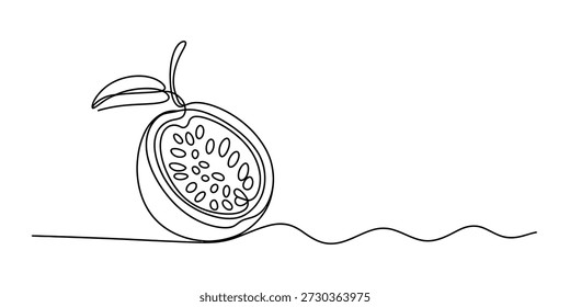 Dibujo de arte de línea continua simple que ilustra una fruta de la pasión cortada por la mitad con semillas Vector, ilustración