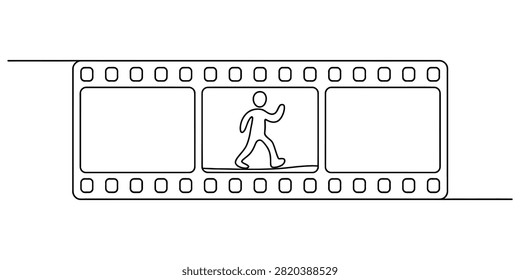 A single continuous line art drawing of a person walking inside a vintage film strip frame showing the concept of motion pictures and cinema entertainment Vector, illustration