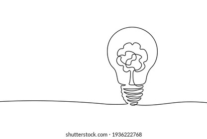 Single continuous line art ecology solution idea. Eco organic creative bulb symbol. Design one stroke sketch outline drawing vector illustration art