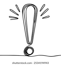 Icono de signo de exclamación de una sola línea continua. Diseño de símbolo de silueta de concepto de peligro de advertencia en línea. Una Ilustración vectorial de dibujo de esquema de esbozo