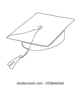 Single Continuous Line Art Graduation Cap. Celebration Ceremony Or Master Degree Concept, Academy Graduate Design. One Sketch Outline Drawing Vector Illustration Art.