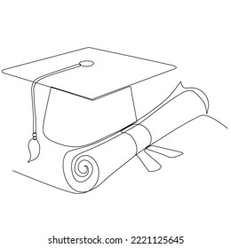 
Single continuous line art graduation cap. Celebration ceremony master degree academy graduate design one sketch outline drawing vector illustration art