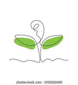Single continuous line art growing plant leaves, sprout of a plants. Environmental protection concept, eco natural farm concept, Earth day, organic food, vegan products. Sketch outline vector 
