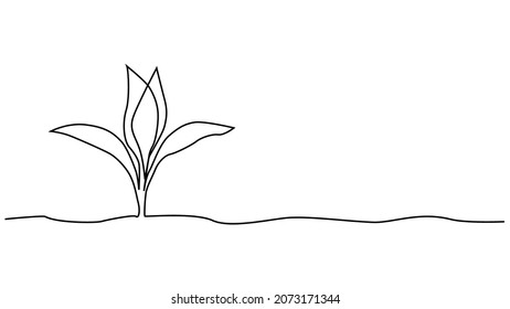 Single continuous line art growing sprout. Plant leaves seed grow soil seedling eco natural farm concept design one sketch outline drawing