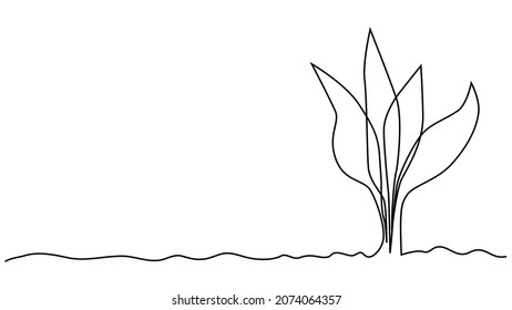 Single continuous line art growing sprout. Plant leaves seed grow soil seedling eco natural farm concept design one sketch outline drawing