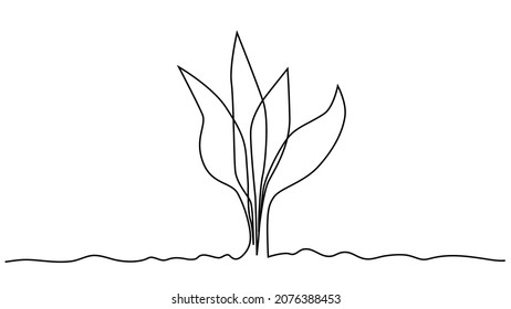 Single continuous line art growing sprout. Plant leaves seed grow soil seedling eco natural farm concept design one sketch outline drawing