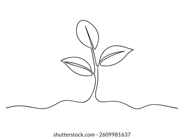 Single continuous line art of a growing sprout in minimalist vector style symbolizing growth and nature
