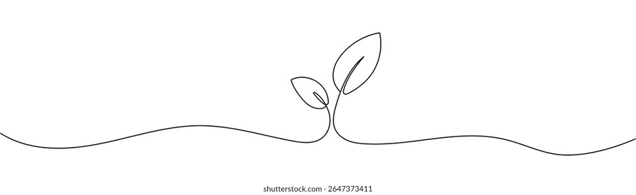 Single continuous line art growing sprout. Plant leaves seed grow soil seedling eco natural farm concept design one sketch outline drawing Editable stroke