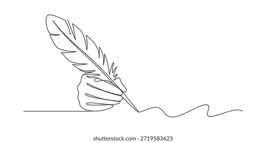 Uma arte de linha contínua de uma mão usando uma pena de pena para escrever uma linha ondulada criativa Vetor, ilustração