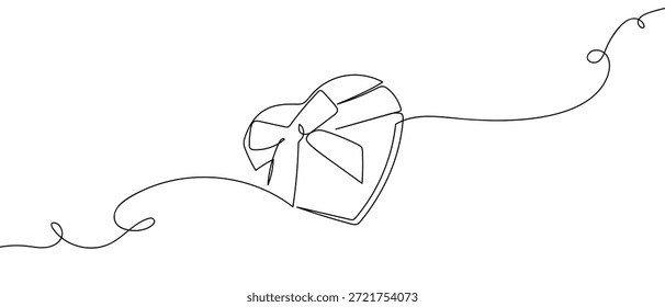 Una línea de arte única y continua: una caja de regalo en forma de corazón atada con un lazo de cinta. estilo de dibujo de Vector de arte de línea sobre un fondo transparente