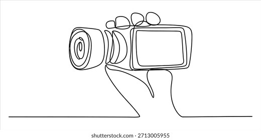 Uma única ilustração de arte em linha contínua representando uma mão segurando uma videocâmera para gravar vídeo Vetor, ilustração