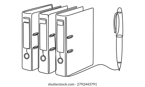 A single continuous line art illustration showing three standing ring binders arranged next to a ballpoint pen on a plain white background.