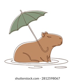 A single continuous line art illustration of a brown capybara sitting under a green umbrella to stay dry in a puddle