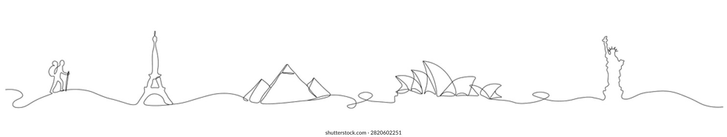 A single continuous line art illustration showing a panoramic view with a hiker, Eiffel Tower, Pyramids, Opera House, and Statue of Liberty.