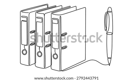 A single continuous line art illustration showing three standing ring binders arranged next to a ballpoint pen on a plain white background.