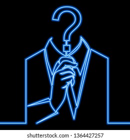 Single continuous line art incognito, unknown person anonymous neon glow vector illustration concept