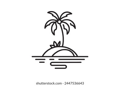 Única línea continua de arte de la isla con la palmera. Diseño paisajístico de la isla del desierto tropical, dibujo de la Ilustración vectorial.
