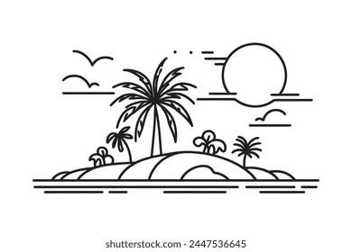 Única línea continua de arte de la isla con la palmera. Diseño paisajístico de la isla del desierto tropical, dibujo de la Ilustración vectorial.