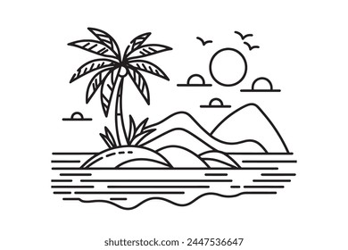 Single continuous line art of island with palm tree. Tropical Desert Island Landscape Design, Vector Illustration Drawing.