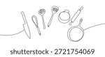 A single, continuous line of art: kitchen utensils. line art Vector drawing style on a transparent background