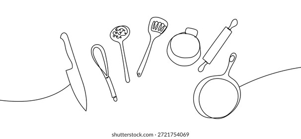 A single, continuous line of art: kitchen utensils. line art Vector drawing style on a transparent background