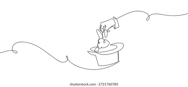 A single, continuous line of art the magician's hand pulls the rabbit out of the hat. line art Vector drawing style on a transparent background