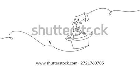 A single, continuous line of art the magician's hand pulls the rabbit out of the hat. line art Vector drawing style on a transparent background