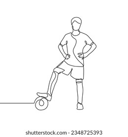 Single continuous line art of a man playing football
