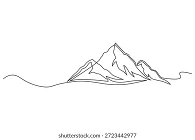 Single continuous line art minimal illustration of a tall summit peak surrounded by smaller hills for achievement concepts