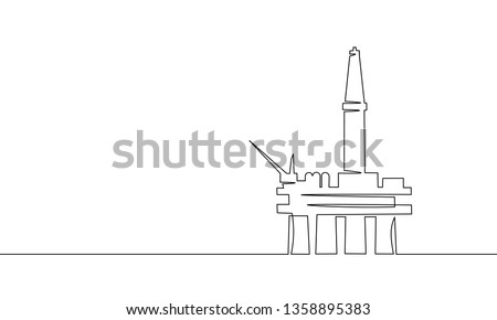 Single continuous line art ocean oil rig. Finance economy petrol production. Petroleum fuel industry offshore extraction derricks one sketch outline drawing vector illustration