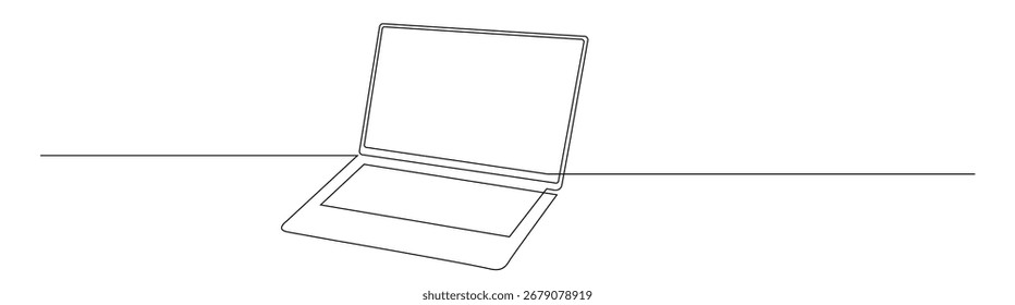 Um único trecho de linha contínua de um notebook aberto. Ilustração tecnológica minimalista que transmite tecnologia, trabalho remoto e estilo de vida digital.