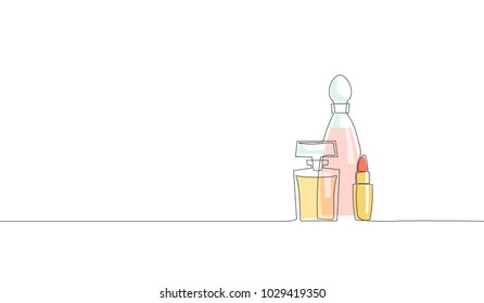 Single continuous line art perfume bottle lipstick cosmetics silhouette. Woman fragrance glamour symbol glass package aroma spray concept design one sketch doodle outline drawing vector illustration