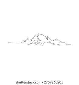 Single continuous line art portrays a serene, abstract mountainous landscape.