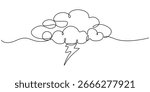 Single continuous line art rainy stormy cloud. One line sketch outline, vector illustration drawing, Sad emotional cloudy weather lightning design concept. One line sketch outline, vector illustration