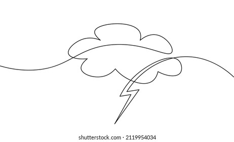 Single continuous line art rainy stormy cloud  Sad emotional cloudy weather lightning design concept  One line sketch outline  vector illustration drawing