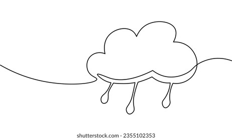 Single continuous line art rainy stormy cloud. Sad emotional cloudy weather lightning design concept. One line sketch outline, vector illustration drawing