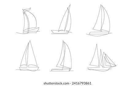 Single continuous line art sea boat icon. Yacht travel tourism concept silhouette symbol design. One sketch outline drawing vector illustration template