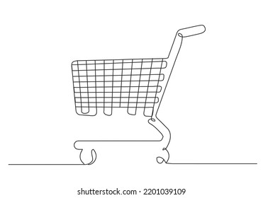 Single continuous line art shopping cart . Test system strategy concept. Online shop trade market. Buy now banner template. Design one stroke sketch outline drawing vector illustration.